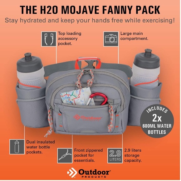 H2O Mojave Waist Pack by Outdoor Products Fanny Pack + Two 600mL Water Bottles - Picture 5 of 14